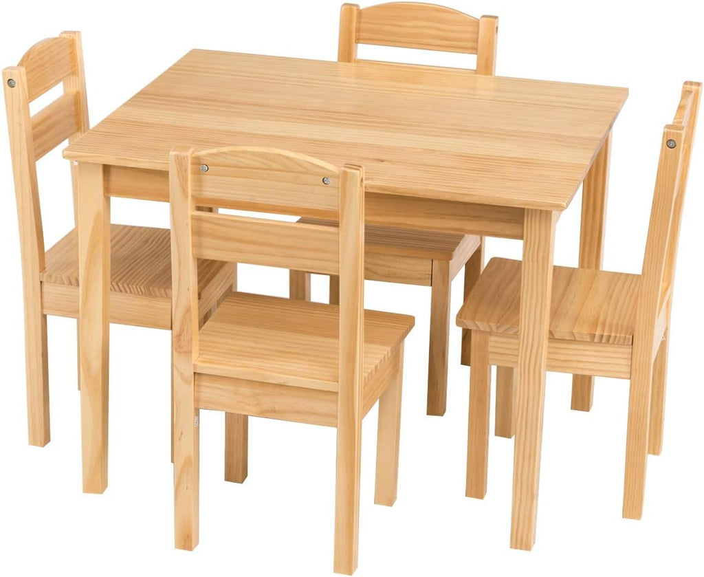 Nightcore Kids Wooden Table and 4 Chair Set, Activity Table Chair Set for 2 to 6 Years, Toddler Game, Playroom Furniture, Picnic Table w/Chairs, Solid Wood 5 Piece Dining Table Set (Natural)