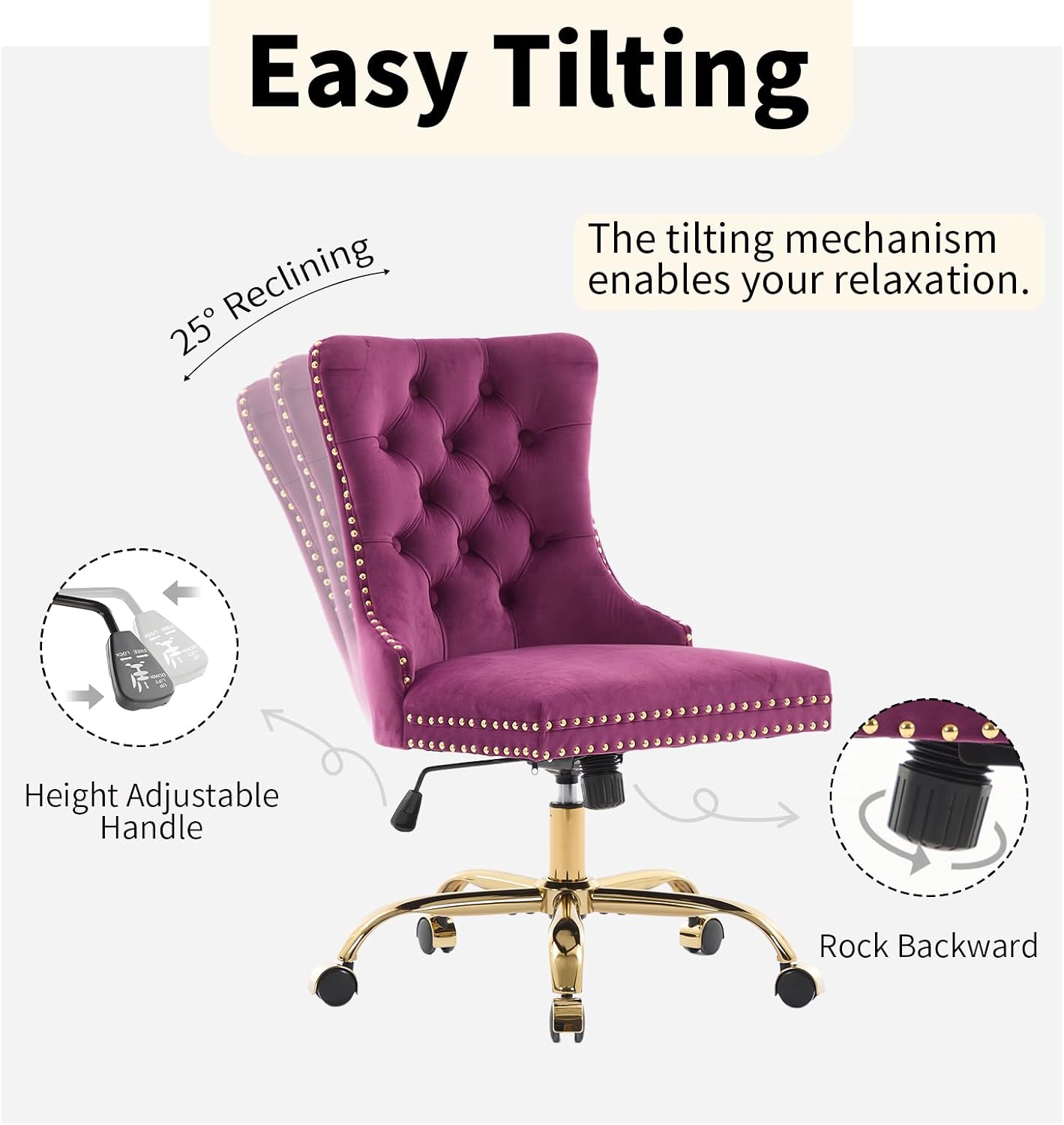 Purple Velvet Home Office Chair with Wheels & Gold Base, Cute Makeup Vanity Chair with Tufted Back for Bedroom, Upholstered Adjustable Swivel Comfy Desk Chair for Girls Women, Purple