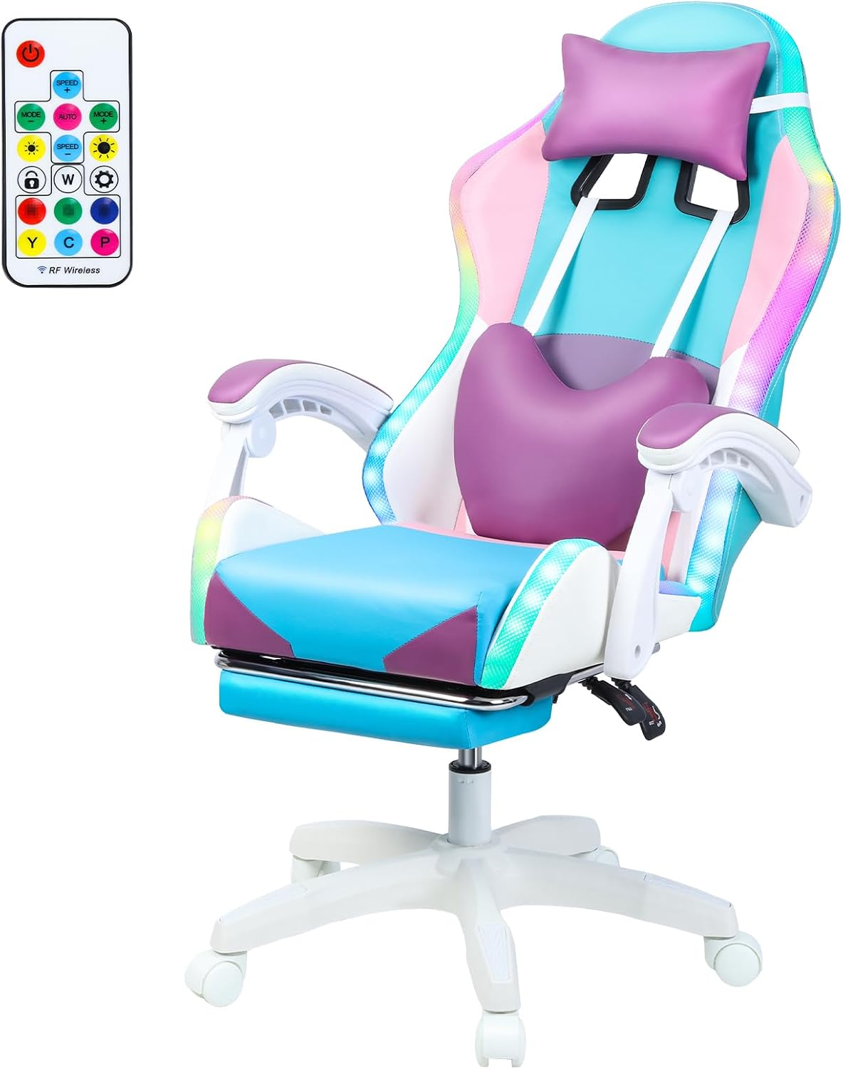 Gaming Chair,Office Massage Computer Chair with Bluetooth Speaker,RGB LED Lights,Adjustable Height Swivel Task Chair with Footrest Lumbar Support,Video Game Chair for Adults (Purple)