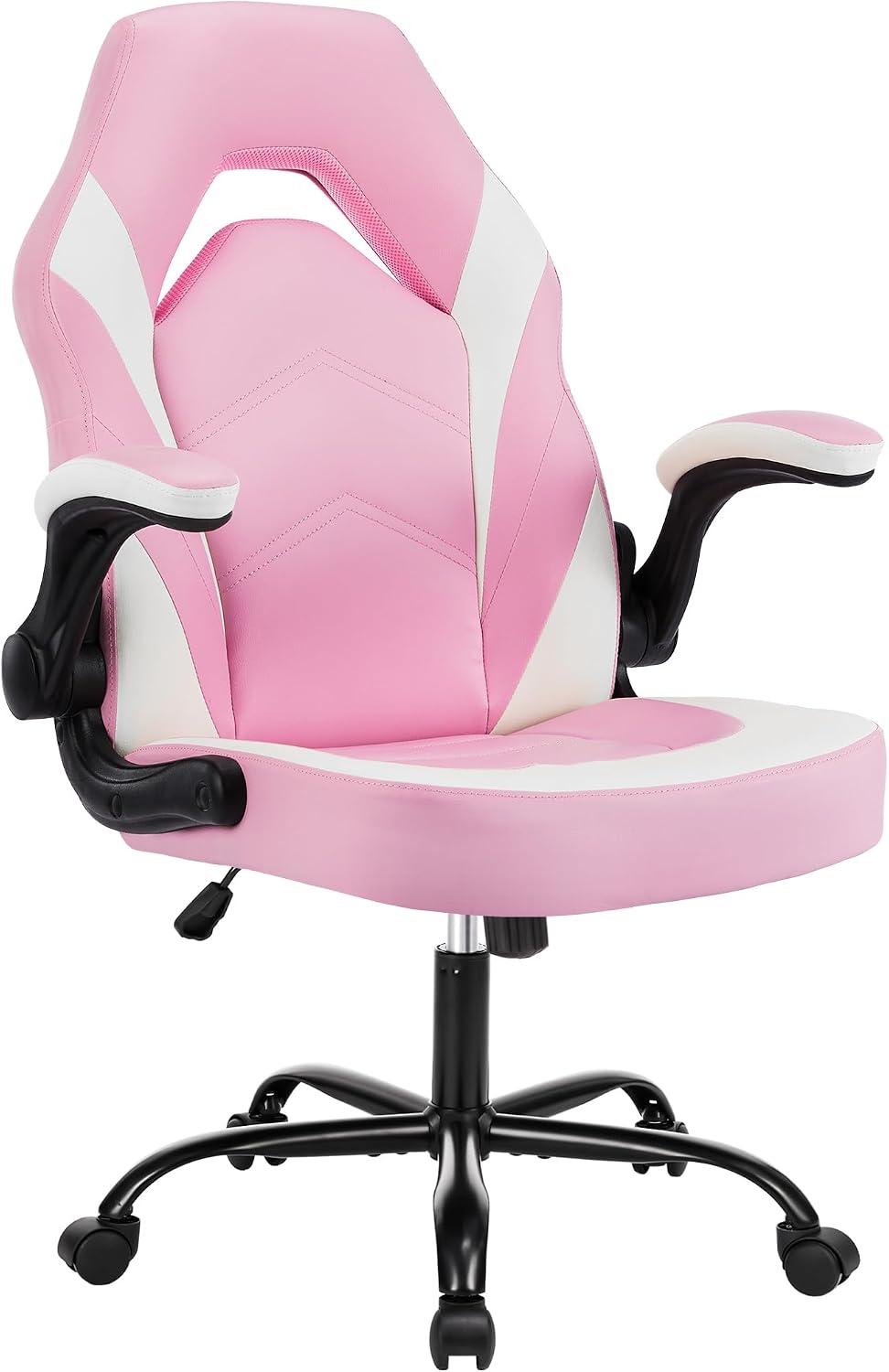 Heavy Duty Gaming Chair Ergonomic Gamer for Home Office with Lumbar Support, Adjustable Backrest, Flip-Up Armrest and Stable 360° Swivel Wheels for Adults, Professional Gamers and Teens, Pink-White