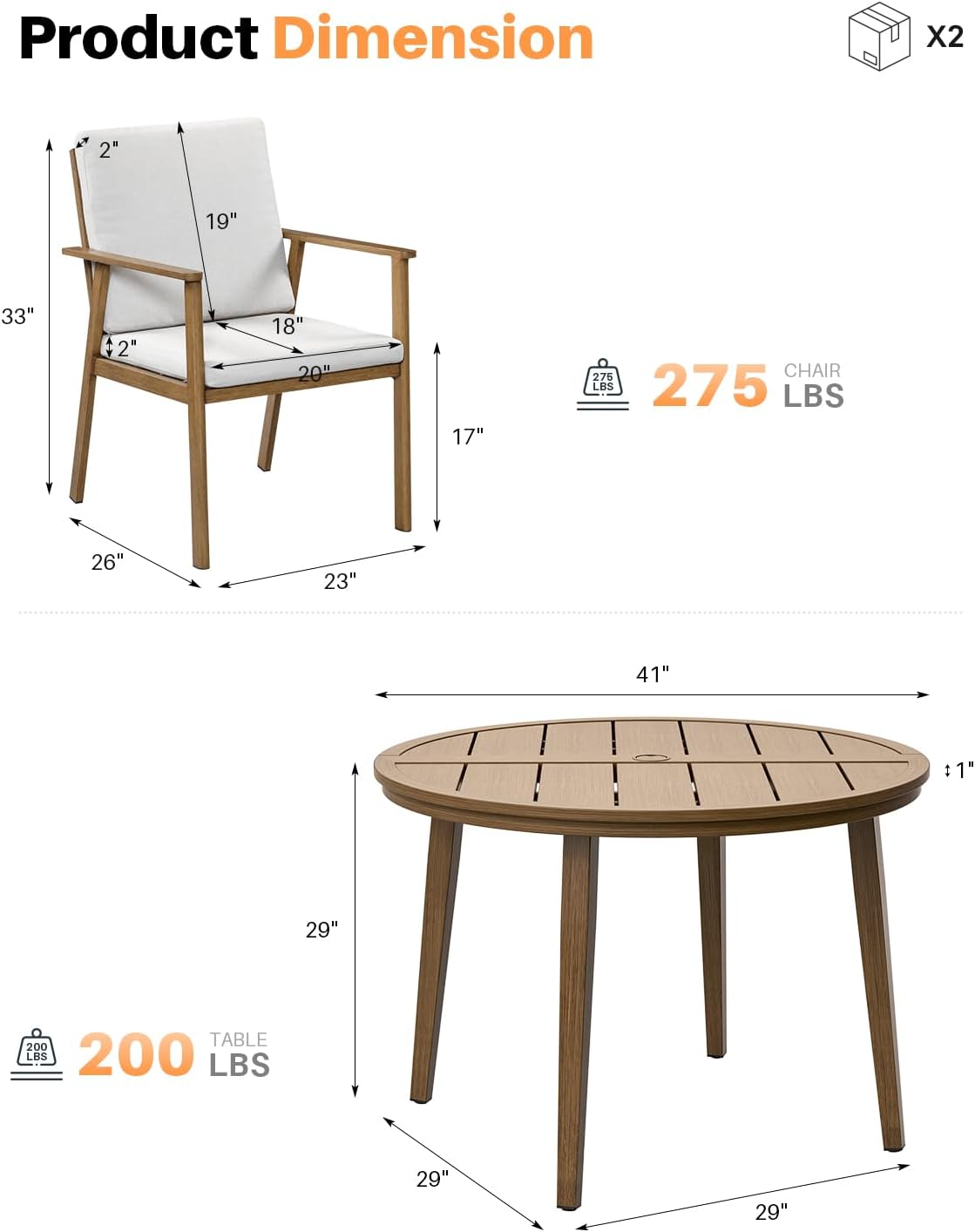 5-Piece Outdoor Patio Dining Set, Aluminum Round Dining Table with 4 Dining Chairs, Never-Rust Round Outdoor Dining Set, Patio Dining Table Set for Yard, Deck, Garden, Teak