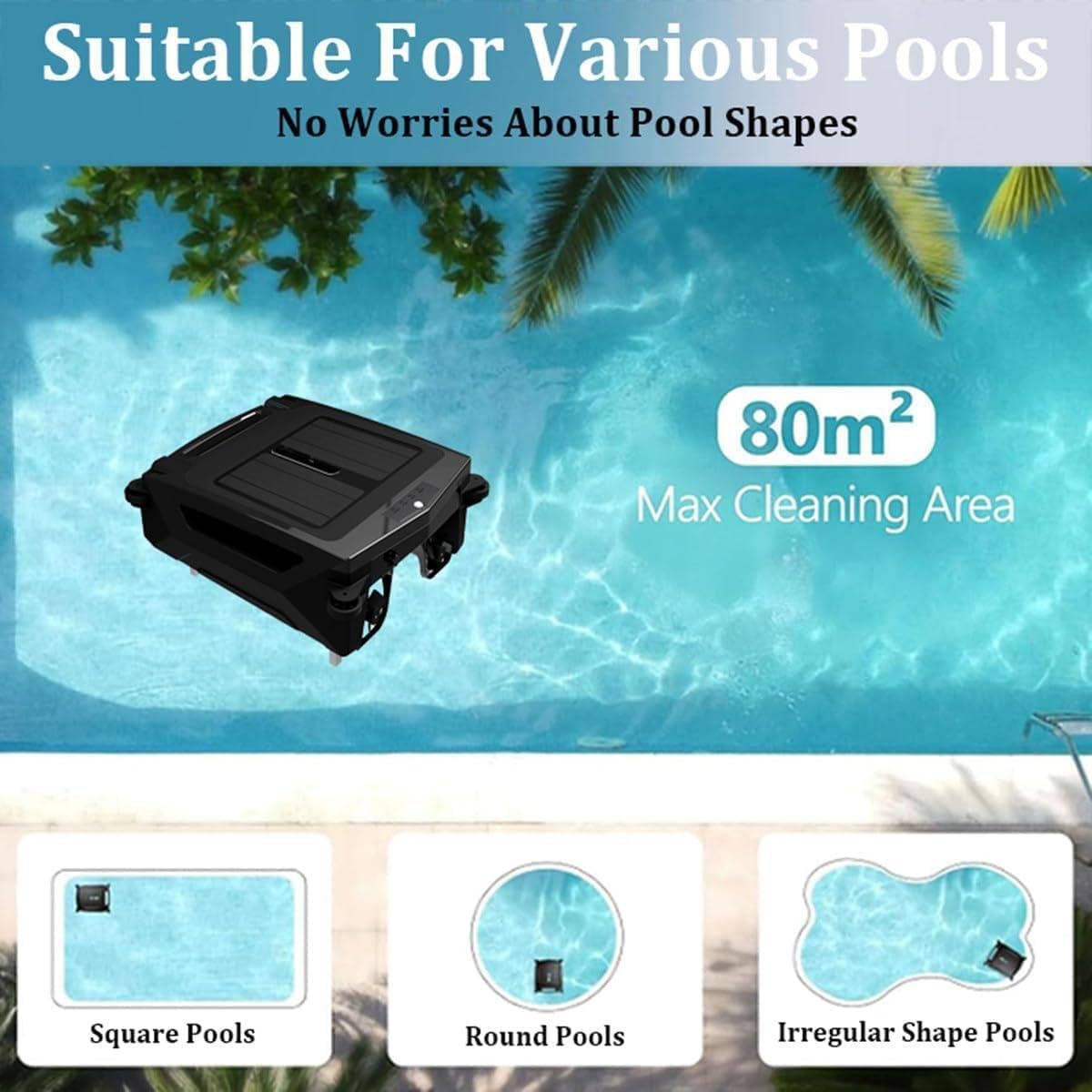 Automatic Cordless Pool Skimmer, Automatic Pool Cleaning Robot, Cordless Robotic Pool Cleaner, Brushless Motor, 80㎡ Coverage, Daytime & Overnight Continuous Cleaning, for Above Ground Pool