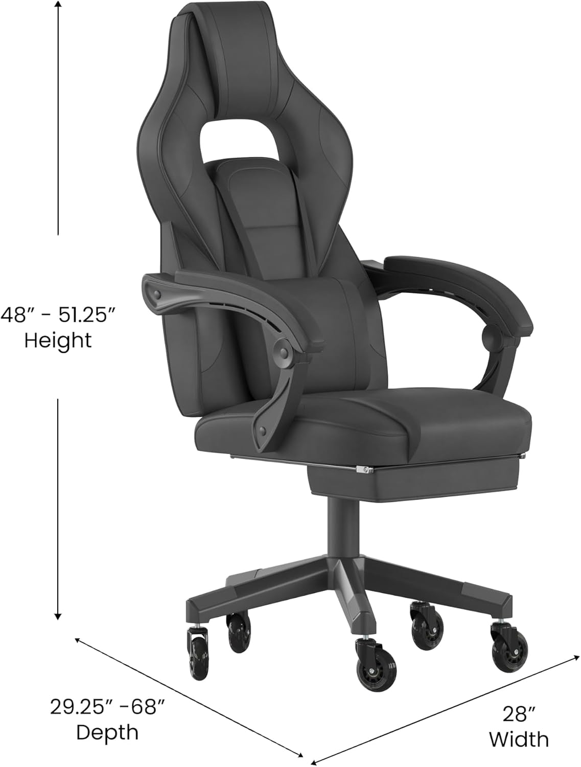 Flash Furniture X40 Gaming Chair Racing Computer Chair with Fully Reclining Back/Arms and Transparent Roller Wheels, Slide-Out Footrest, - Black