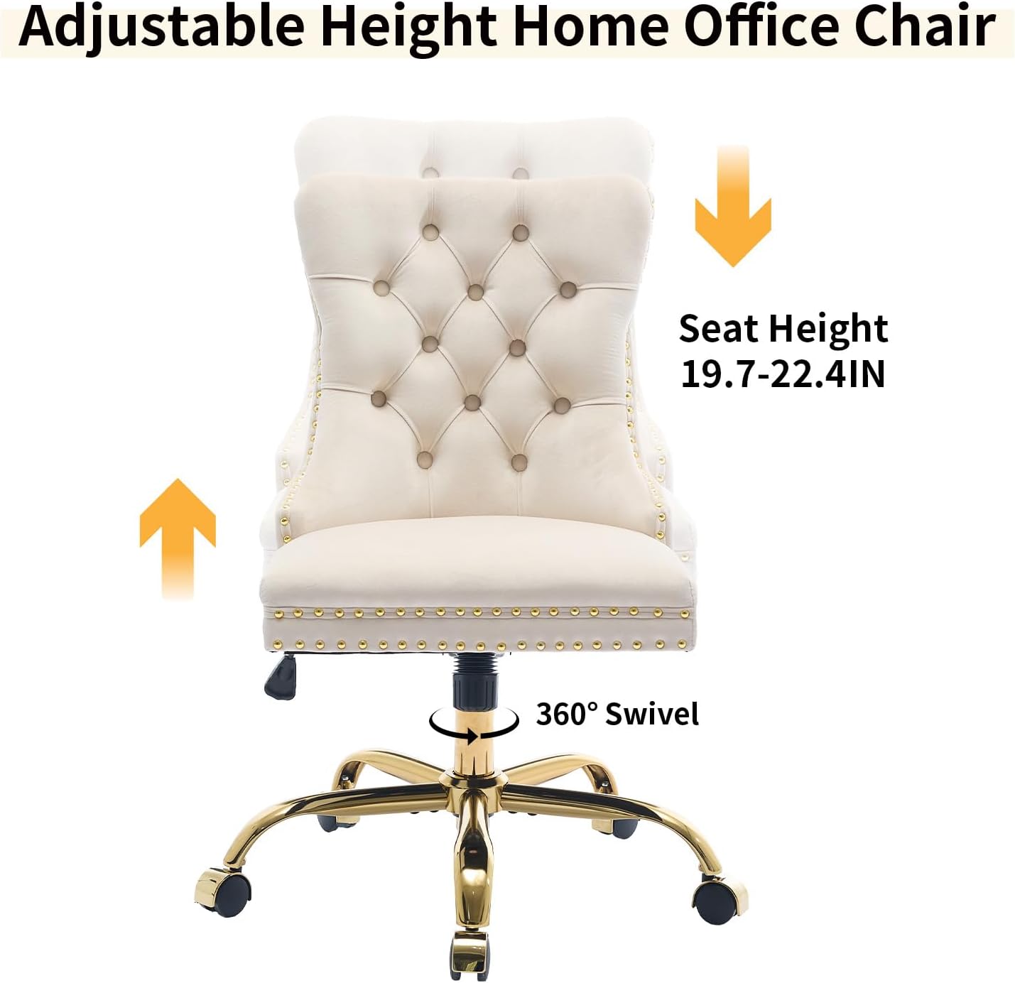 Beige Velvet Home Office Desk Chair with Wheels & Gold Base, Cute Makeup Vanity Chair with Tufted Back for Women Girls, Upholstered Adjustable Swivel Armless Office Chair for Bedroom, Beige