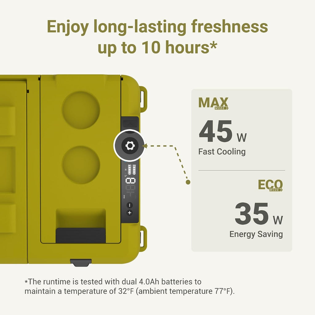 EXIT 20V Outdoor mini refrigerator EX100, battery powered electric cooler -4°F to 68°F, 12/24V DC 100~240 Volt AC for Outside Camping, Tailgating, Includes two Replaceable 4.0 Ah Batteries