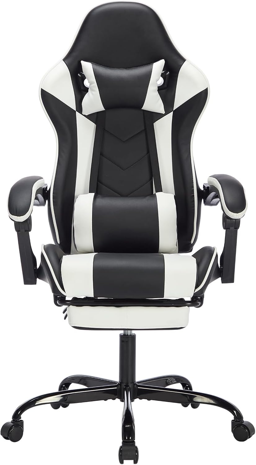 Gaming Chair with Footrest, Ergonomic Computer Chair with Headrest and Lumbar Support, Breathable Material Height Adjustable Swivel Video Game Chairs for Adults, 300lbs Max, Black & White