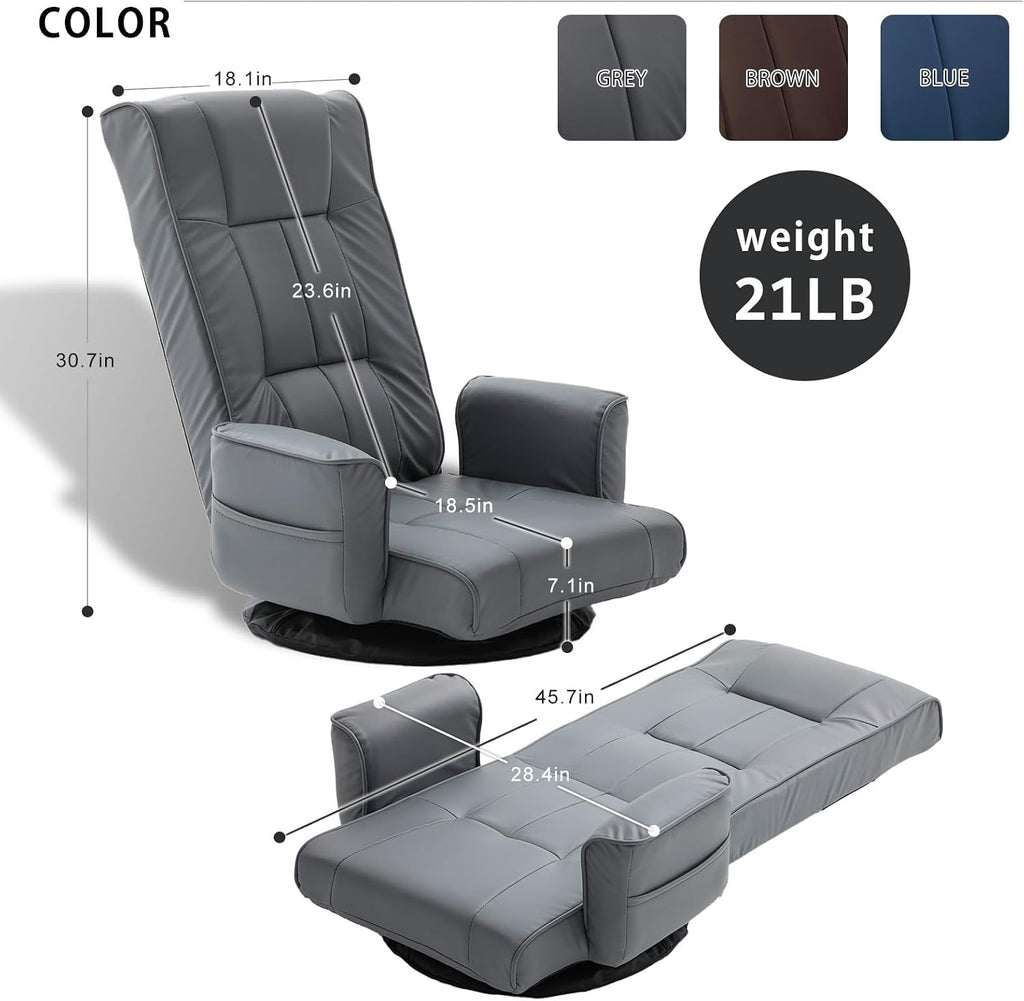 360° Swivel Floor Chair with Armrests, 14-Position Adjustable Floor Lounger for Adults, Folding Padded Floor Seat with Backrest for Gaming, Reading & Living Room (Grey)