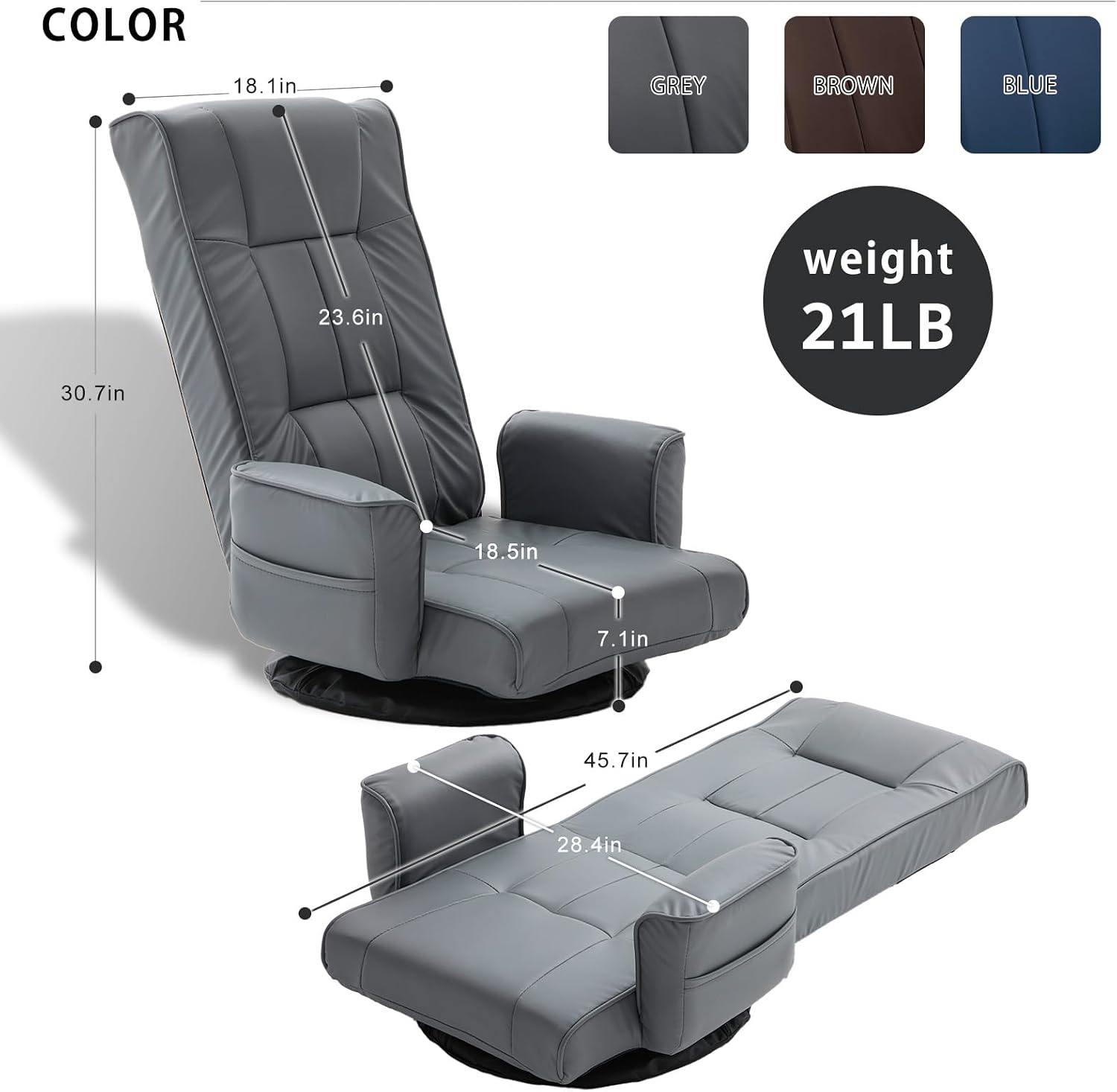 360° Swivel Floor Chair with Armrests, 14-Position Adjustable Floor Lounger for Adults, Folding Padded Floor Seat with Backrest for Gaming, Reading & Living Room (Grey)