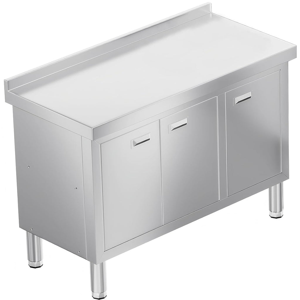 WWK 47' x 21' Stainless Steel Prep Table with Cabinet, Commercial Kitchen Table for Prep & Work, Heavy Duty Work Table with 3 Doors for Kitchen, Restaurant, Hotel, Garage and Cafe