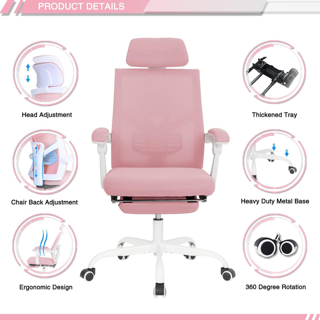 Qulomvs Mesh Ergonomic Office Chair with Footrest Home Office Desk Chair with Headrest and Backrest Adjustable Computer Executive Desk Chair with Wheels 360 Swivel Task Chair