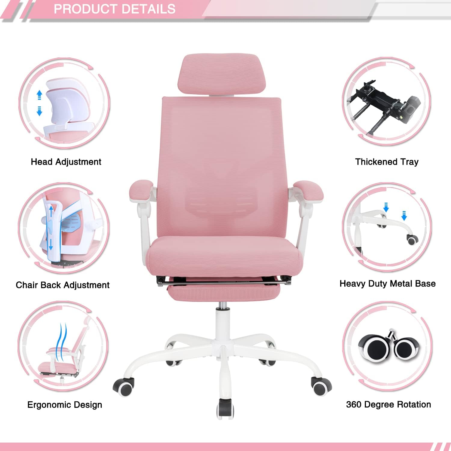 Qulomvs Mesh Ergonomic Office Chair with Footrest Home Office Desk Chair with Headrest and Backrest Adjustable Computer Executive Desk Chair with Wheels 360 Swivel Task Chair