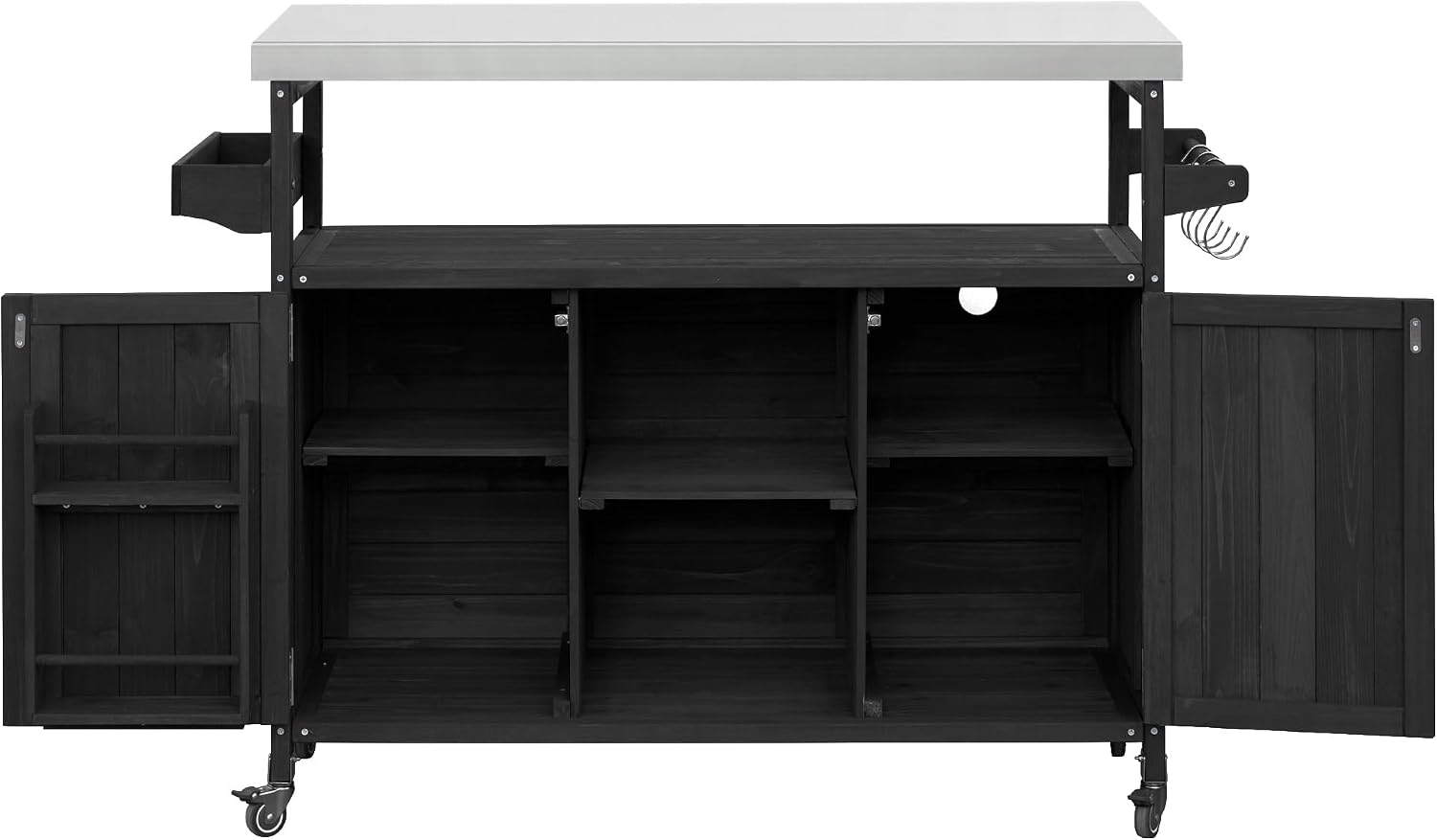 LUMISOL Outdoor Grill Table with Stainless Steel Top, Solid Wood Kitchen Island with Internal Storage Rack, Outdoor Storage Cabinet, Farmhouse Rolling Bar Cart with Spice & Towel Rack, Black