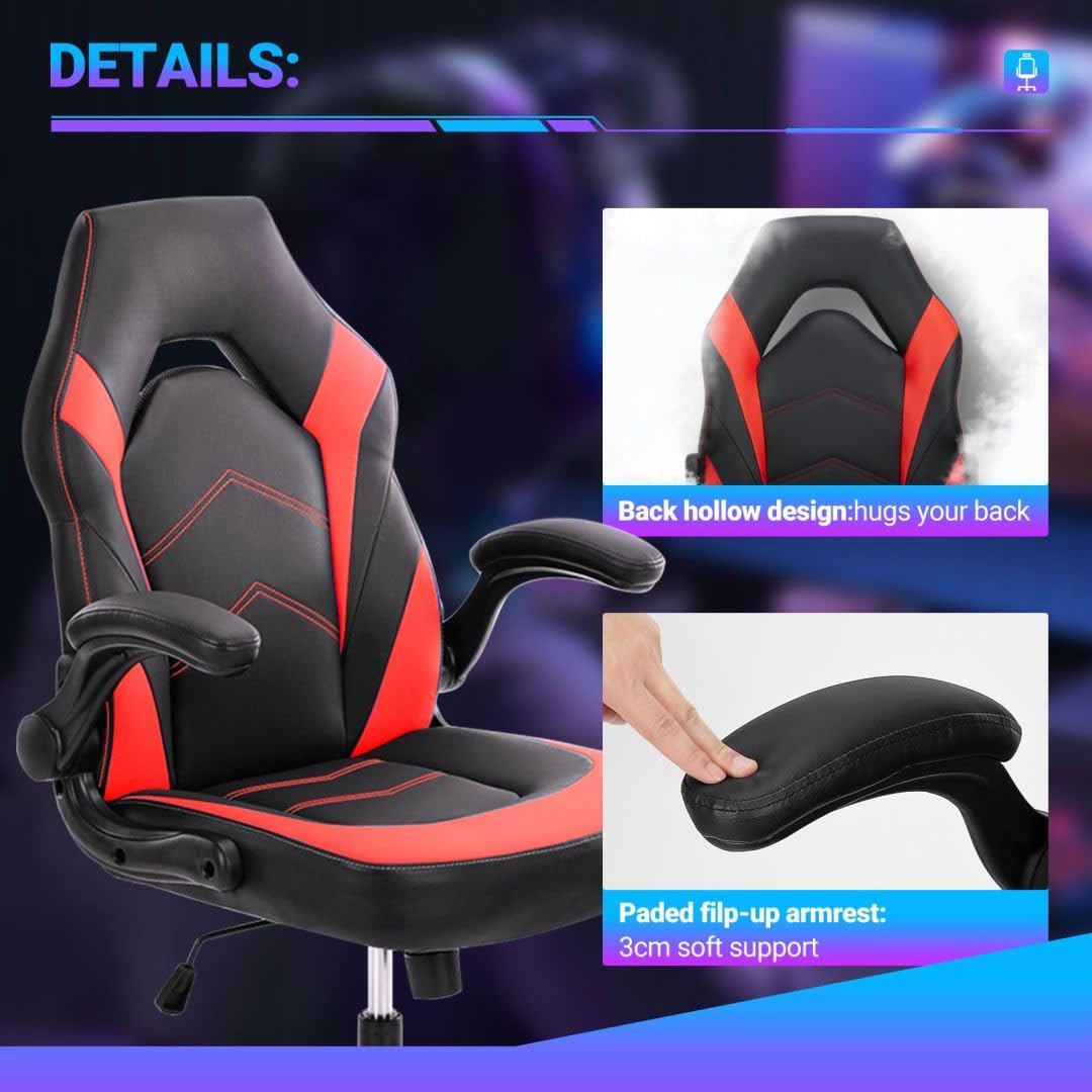 Heavy Duty Gaming Chair Ergonomic Gamer for Home Office with Lumbar Support, Adjustable Backrest, Flip-Up Armrest and Stable 360° Swivel Wheels for Adults, Professional Gamers and Teens, Black-Red