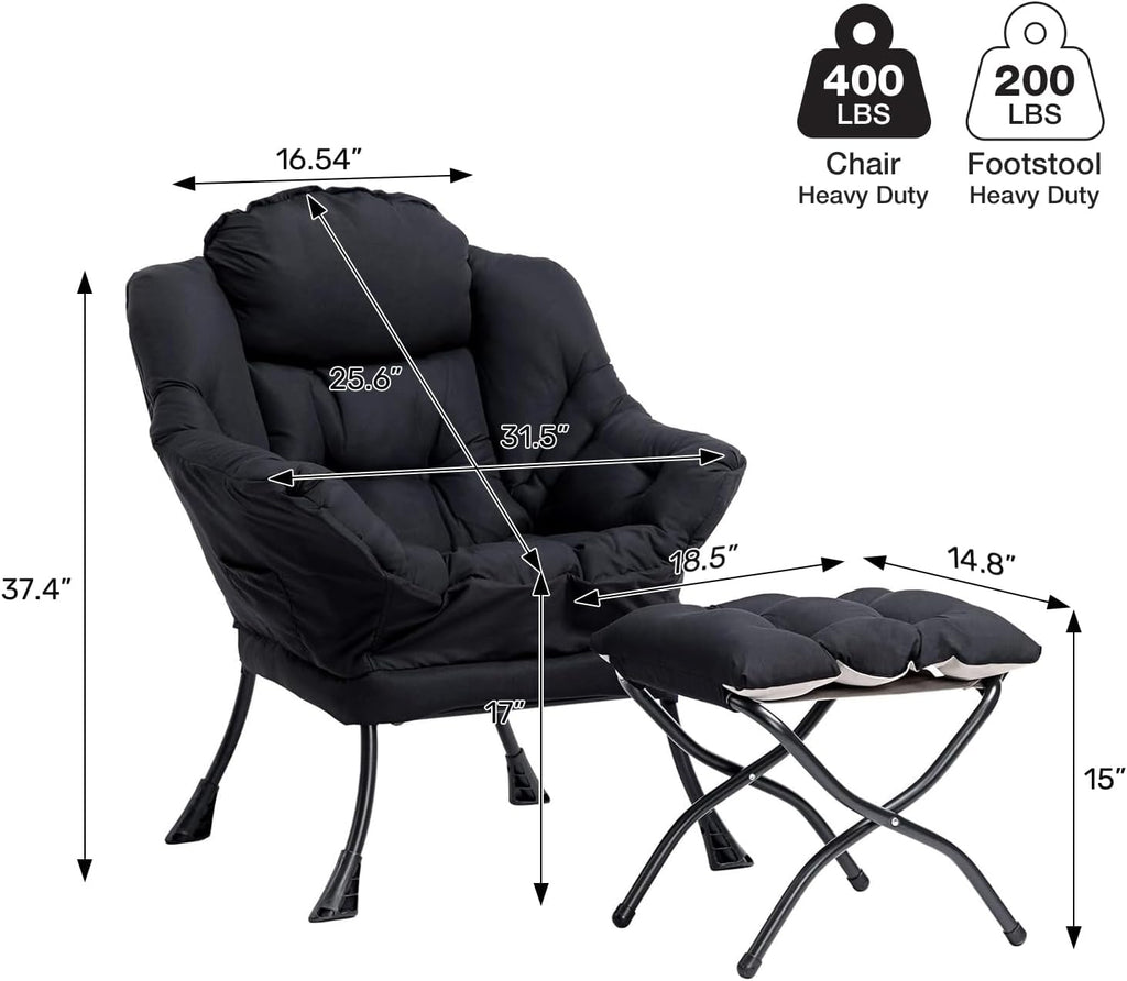 HollyHOME Lazy Chair with Foldable Ottoman, Accent Comfy Lounge Armchair and Folding Footrest Stool, Leisure Sofa Reading Chair and Footstool for Living Room, Bedroom, Dorm,Black