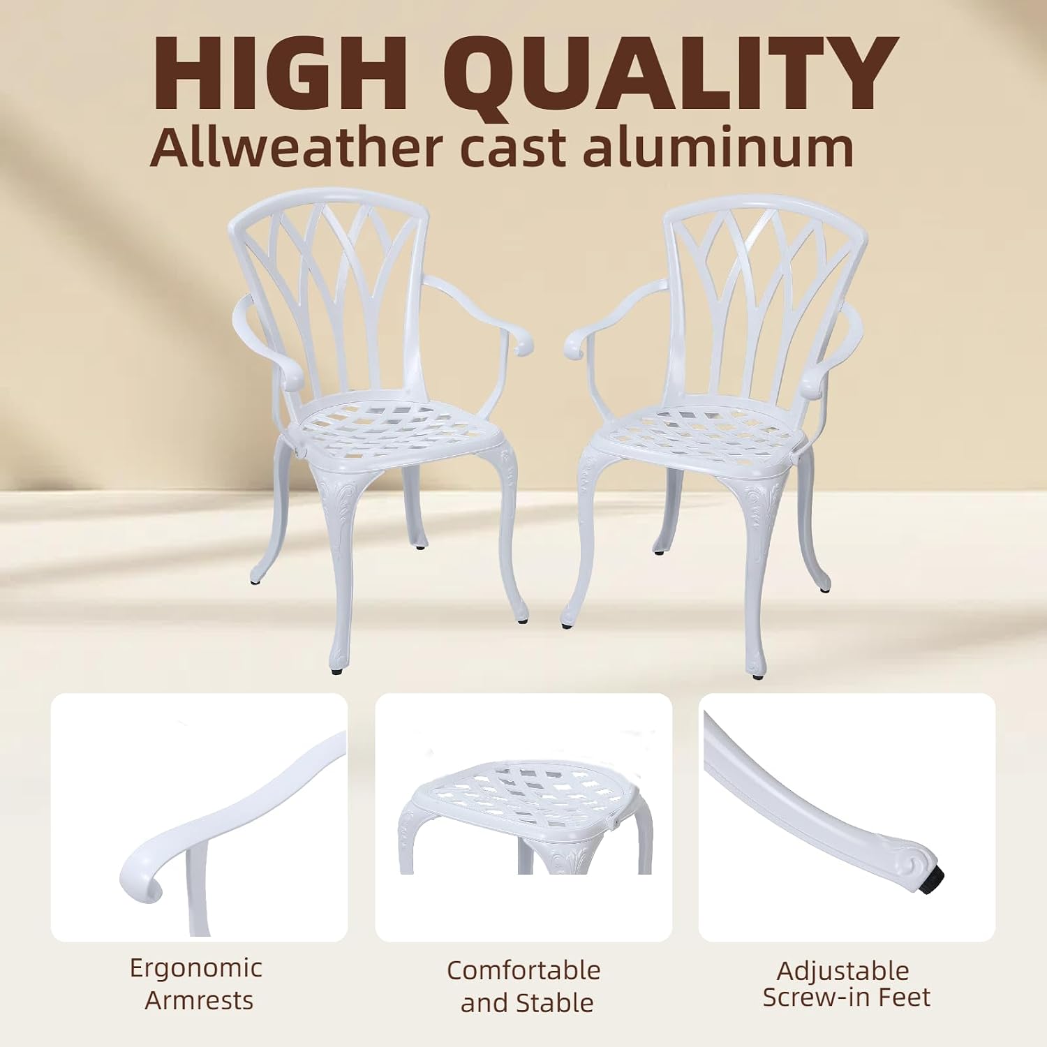 3-Piece Cast Aluminum Patio Bistro Set, Outdoor Rust-Resistant Furniture with 2 Chairs and Table (White)