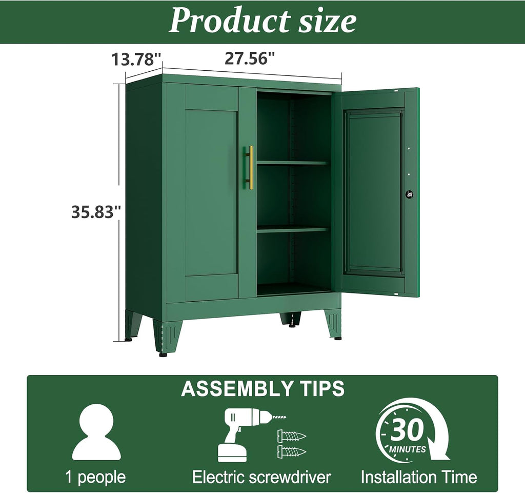Green Metal Storage Cabinet, 36' Tall Locking Storage Cabinet with 2 Adjustable Shelves, Steel Locker Organizer, for Office, Home, School, 2PS