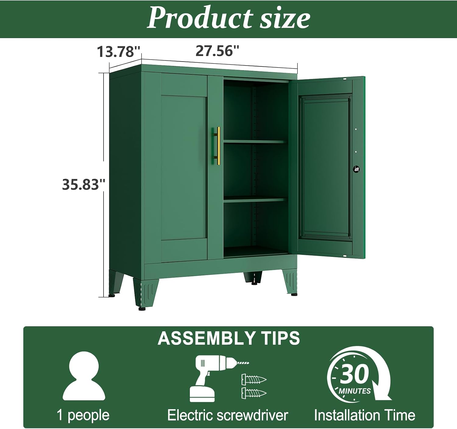 Green Metal Storage Cabinet, 36' Tall Locking Storage Cabinet with 2 Adjustable Shelves, Steel Locker Organizer, for Office, Home, School, 2PS