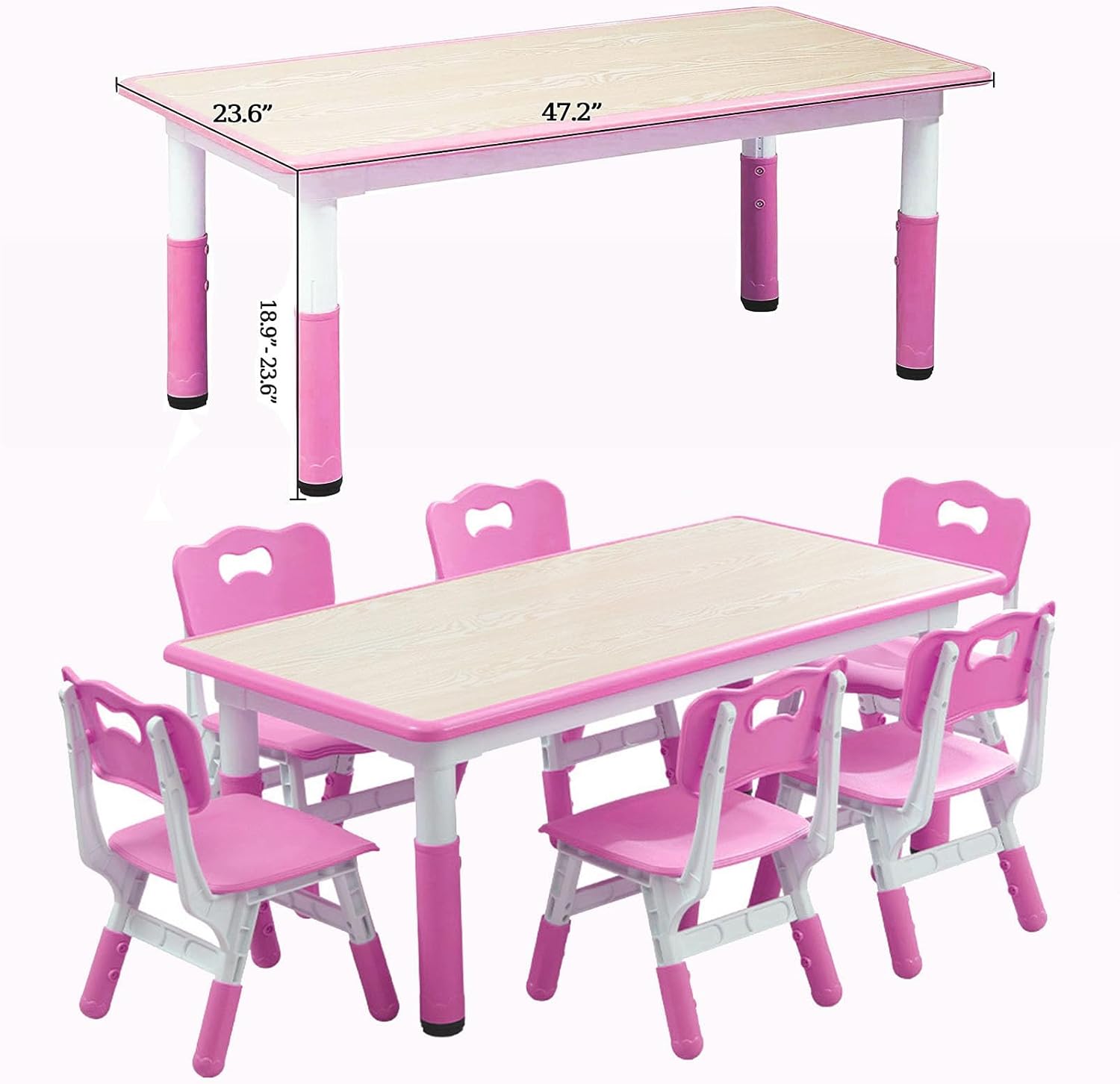 Kids Table and Chair Set, Height Adjustable Toddler Arts & Crafts Table and 6 Chair Set for Ages 2-10,Max 300lbs Kids Activity Art Table for Classroom Daycares,Home