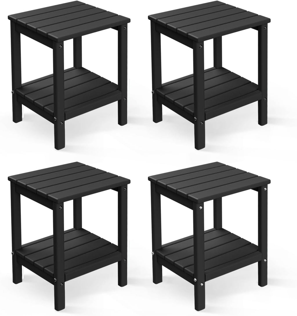 GREENVINES Adirondack-Outdoor-Side-Table | Set of 4 | 14 x 13 Inches | HDPE Plastic | All Weather | Black | Outside End Tables | Storage Shelf | for Patio Porch Backyard Indoor