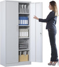 Metal Storage Cabinet with Adjustable Shelves, Garage Tool Cabinet with 2 Lockable Doors for Office, Home, Garage, Require Assembly, White