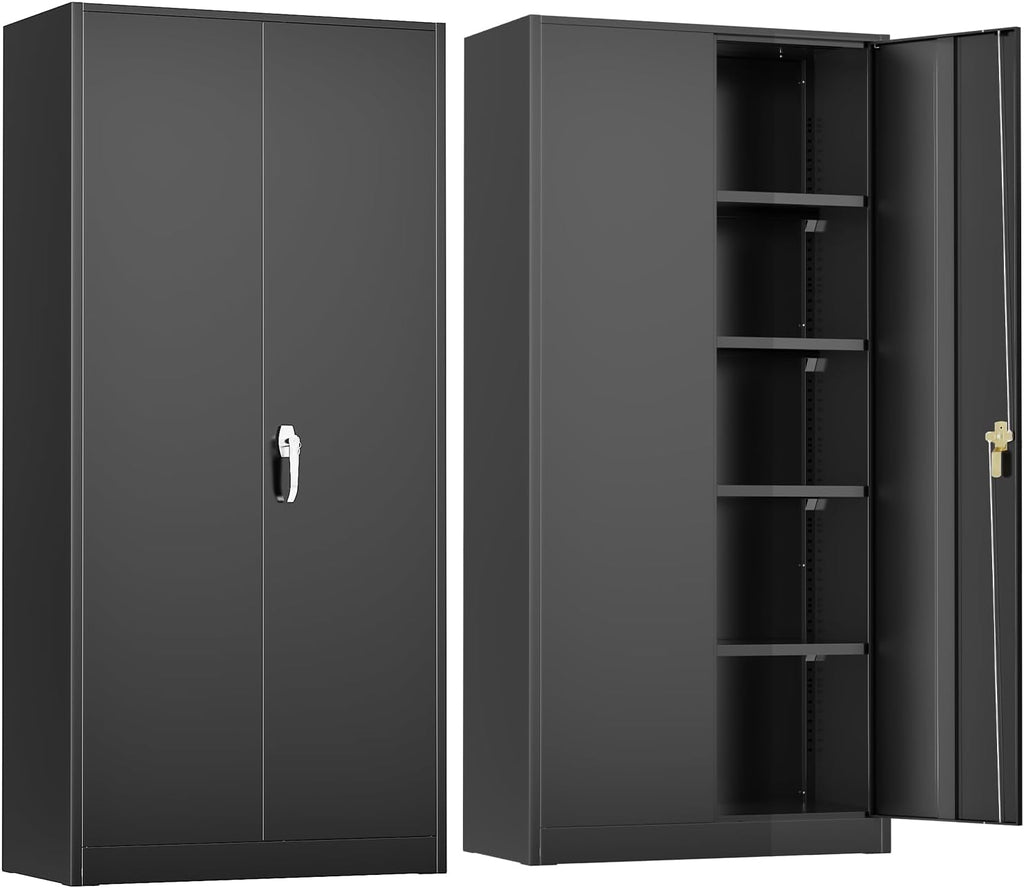 SUNCROWN 72' Metal Storage Cabinet - Heavy-Duty Metal Garage Cabinet with 4 Adjustable Shelves & 2 Doors for Tools, Office, Home, Workshop,Black