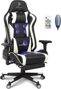 Massage Gaming Chair with Speakers and LED Lights, Ergonomic Computer Gaming Chair with Footrest and Lumbar Support, Office Video Game Chairs with Adjustable Height and Backrest.,White