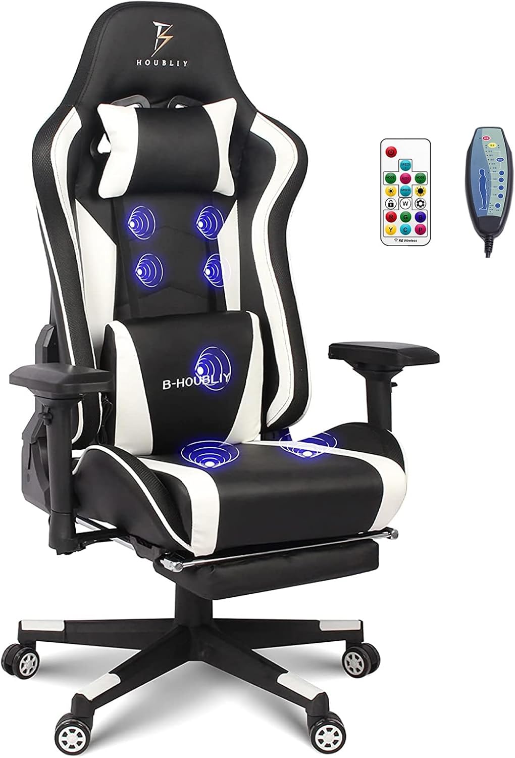 Massage Gaming Chair with Speakers and LED Lights, Ergonomic Computer Gaming Chair with Footrest and Lumbar Support, Office Video Game Chairs with Adjustable Height and Backrest.,White