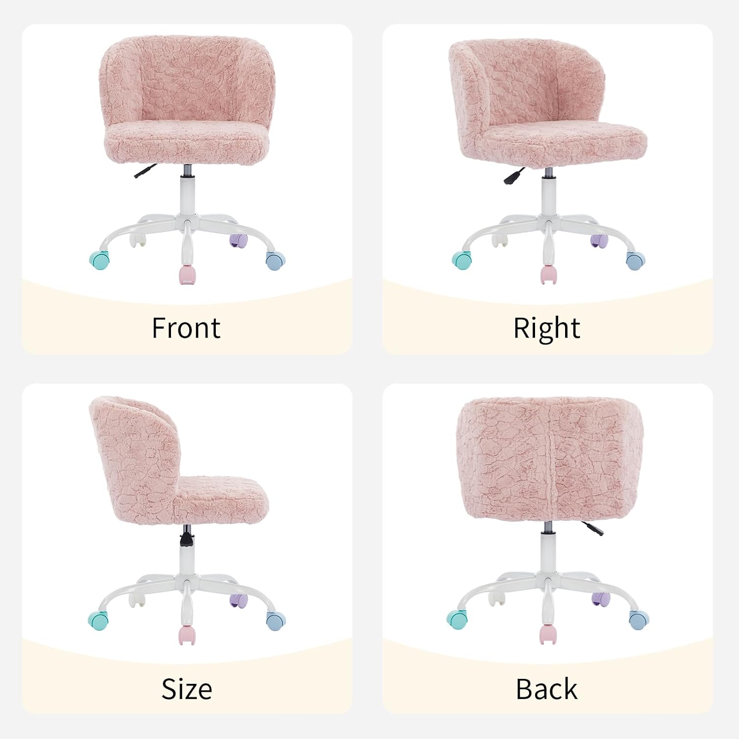 Shenyon Pink Faux Fur Vanity Chair, Adjustable Swivel Home Office Chair with Colorful Wheels and Metal Base, Cute Makeup Chair for Women, Teens & Girls(Pink)