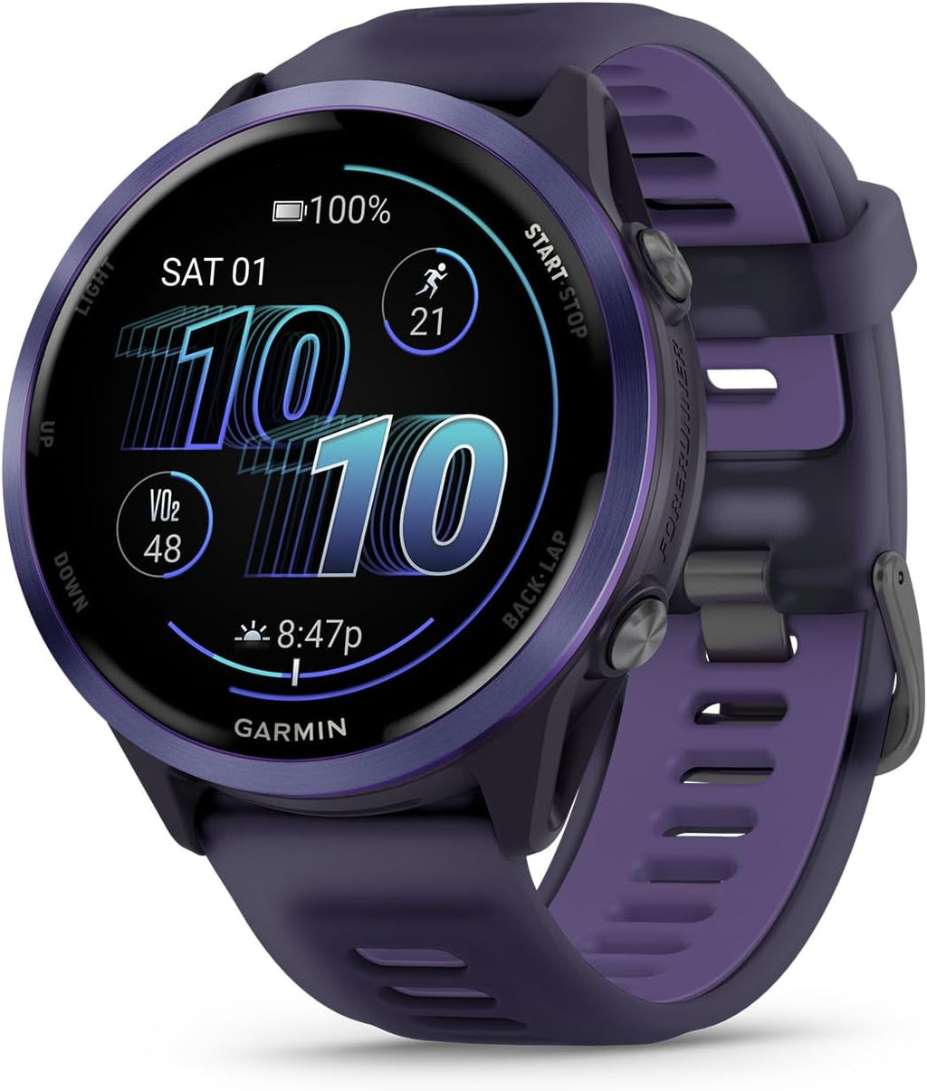 Garmin Forerunner 570 Running Smartwatch, 47MM WiFi, GPS Fitness Smart Watch for Men and Women, Indigo Aluminum with Translucent Imperial Purple/Indigo Band Bundle with P-Bank + More