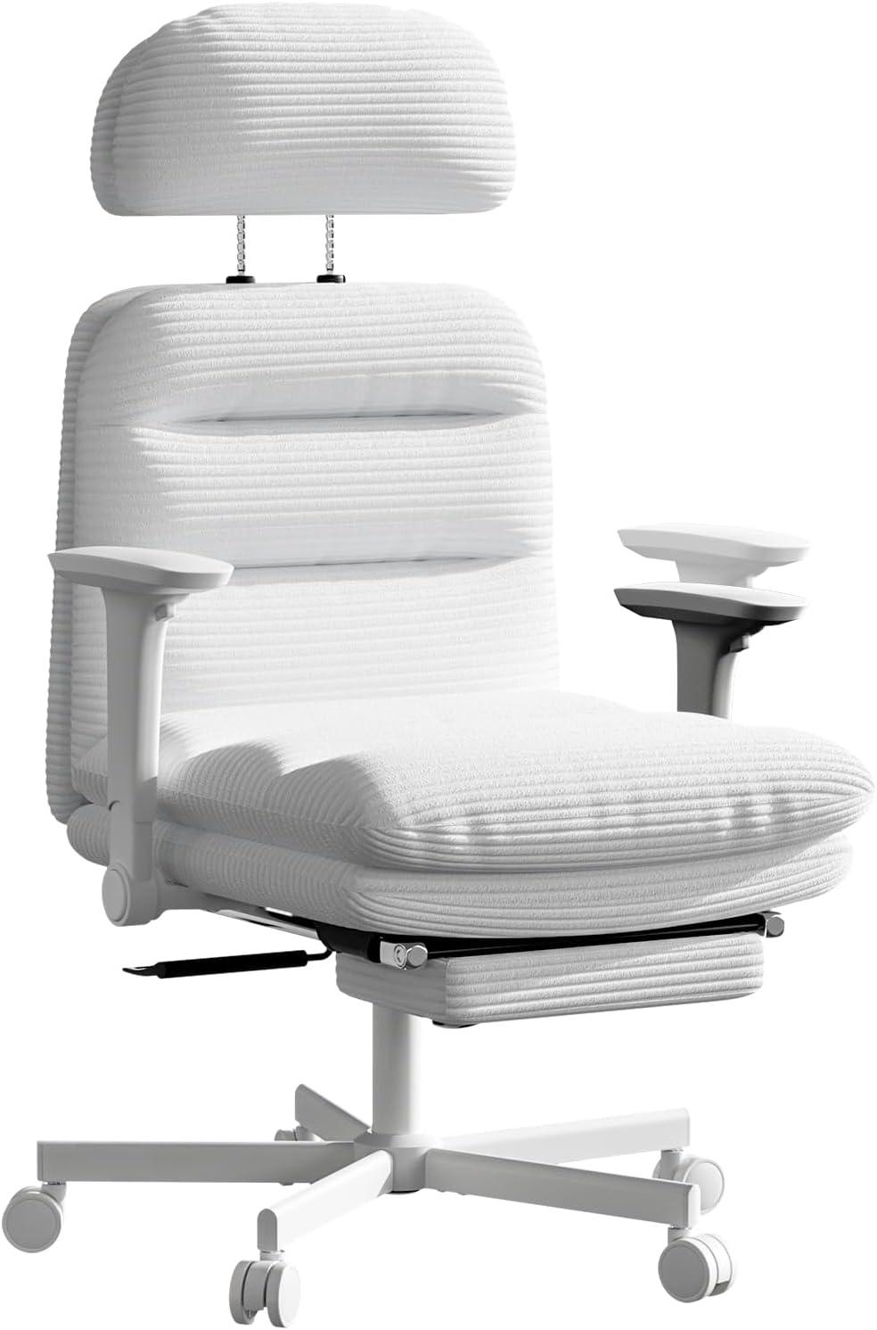 GXJ Criss Cross Chair with Flip-up Arms, Executive Office Chair with Foot Rest, Cross Legged Office Chair G800 Plus, Extra Lumbar Pillow, Corduroy Comfy Computer Desk Chair for Home, White