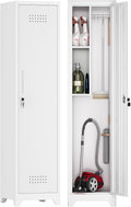 GREATMEET Slim Broom Storage Cabinets, Metal Garage Cabinet with Shelves and Hanging Rod, White Utility Cabinet with Locking Door, Slim Cabinet for Small Spaces Cleaning Supplies, Shop