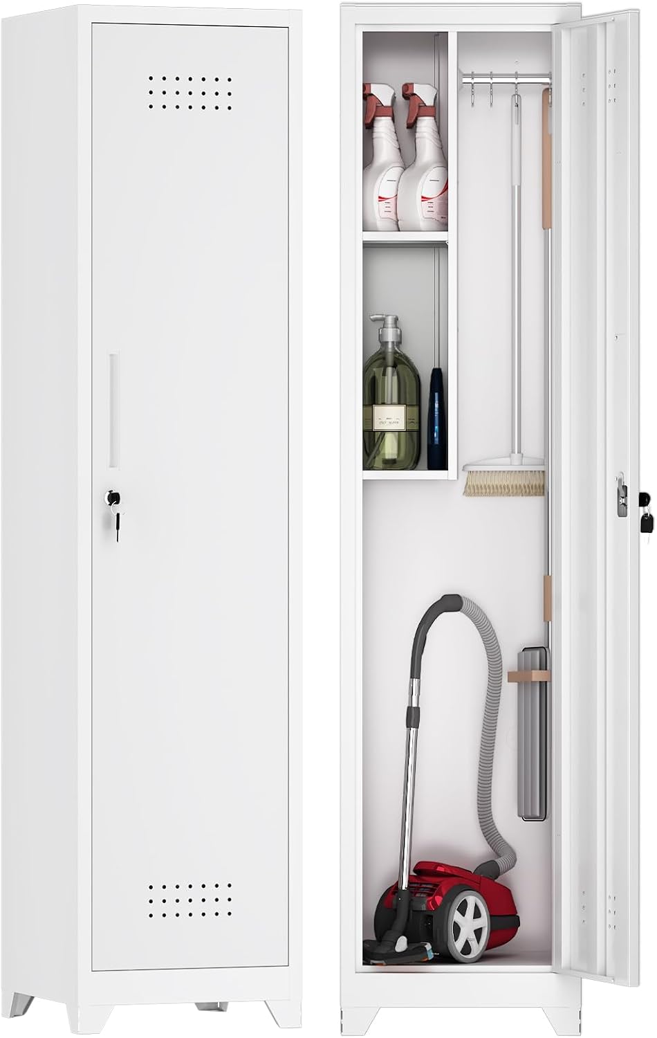 GREATMEET Slim Broom Storage Cabinets, Metal Garage Cabinet with Shelves and Hanging Rod, White Utility Cabinet with Locking Door, Slim Cabinet for Small Spaces Cleaning Supplies, Shop