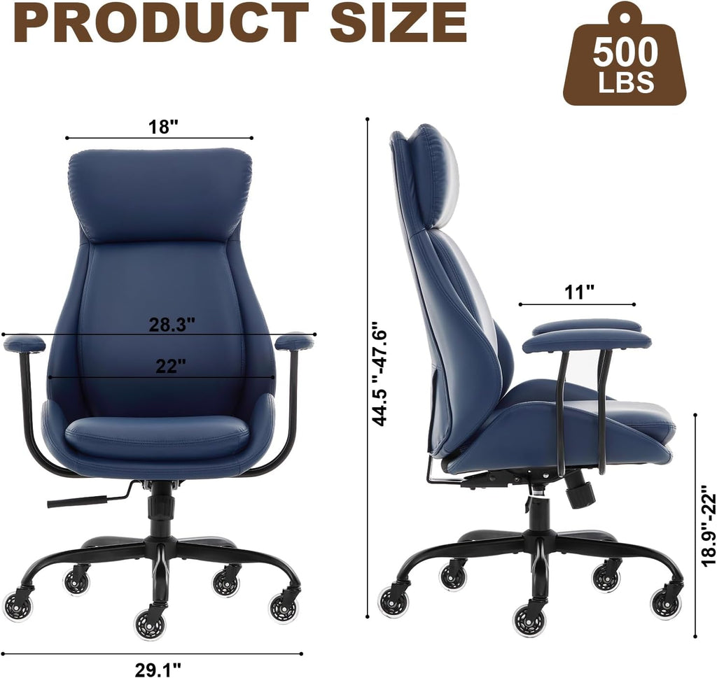 E-Motie Office Chair, Leather Desk Chair with Rubber Wheels, Ergonomic Computer Chair 500 LBS with Lumbar Support, High Back Executive Chair for Modern Home Office, Blue