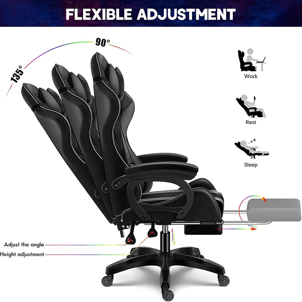 Gaming Chair with Speakers Gamer Chair LED Lights PU Leather Recliner Chair 360°Swivel Function Ergonomic Video Game Chairs with Headrest Armrest Massage Office Chair Computer Chair,Black