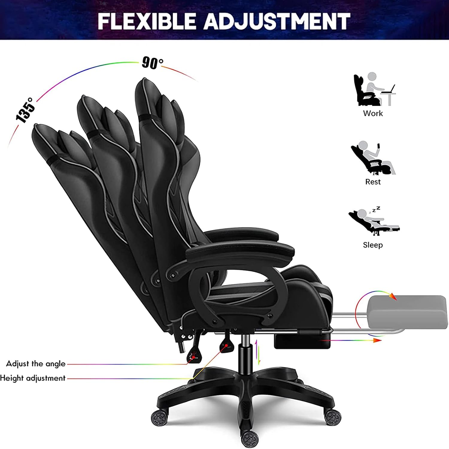 Gaming Chair with Speakers Gamer Chair LED Lights PU Leather Recliner Chair 360°Swivel Function Ergonomic Video Game Chairs with Headrest Armrest Massage Office Chair Computer Chair,Pink