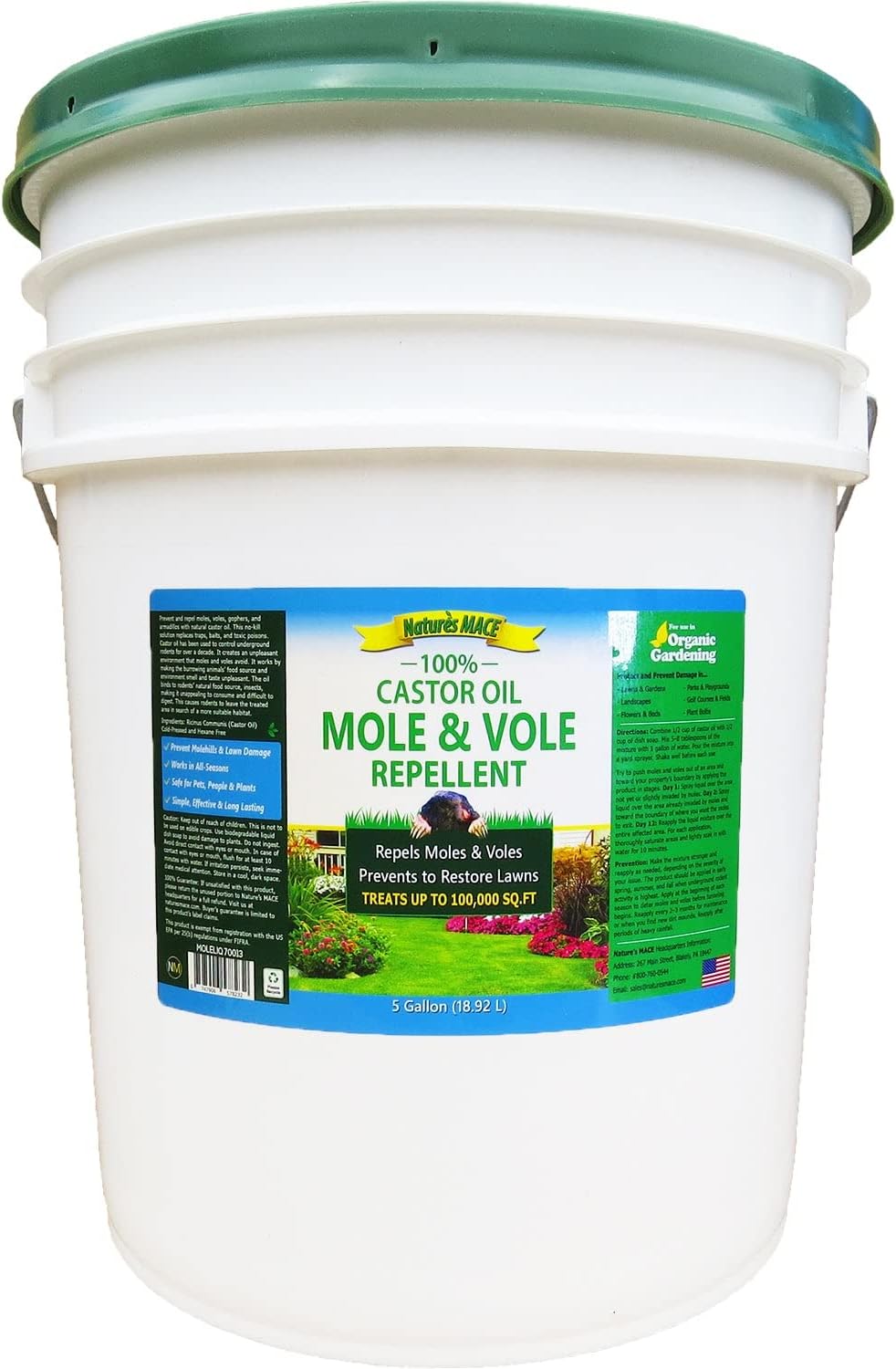 Nature's MACE Mole and Vole Mace, 5 Gallon, 100% Pure Castor Oil, Mole Deterrent for Yard, Lawns, Mole Repellent, Stop Tunneling, Mole Remover Treatment, Castor Oil Repellent, People, Pet, Plant Safe