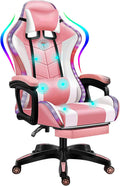 Gaming Chair with LED RGB Lights with Massage and Footrest Ergonomic Computer Chair High Back Video Game Chair with Adjustable Lumbar Support Linkage Armrest,Pink