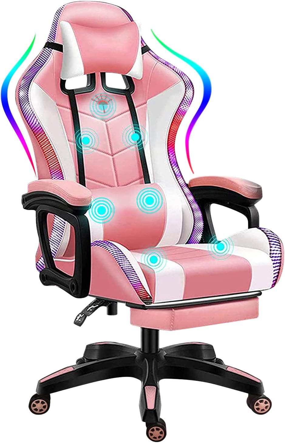 Gaming Chair with LED RGB Lights with Massage and Footrest Ergonomic Computer Chair High Back Video Game Chair with Adjustable Lumbar Support Linkage Armrest,Pink