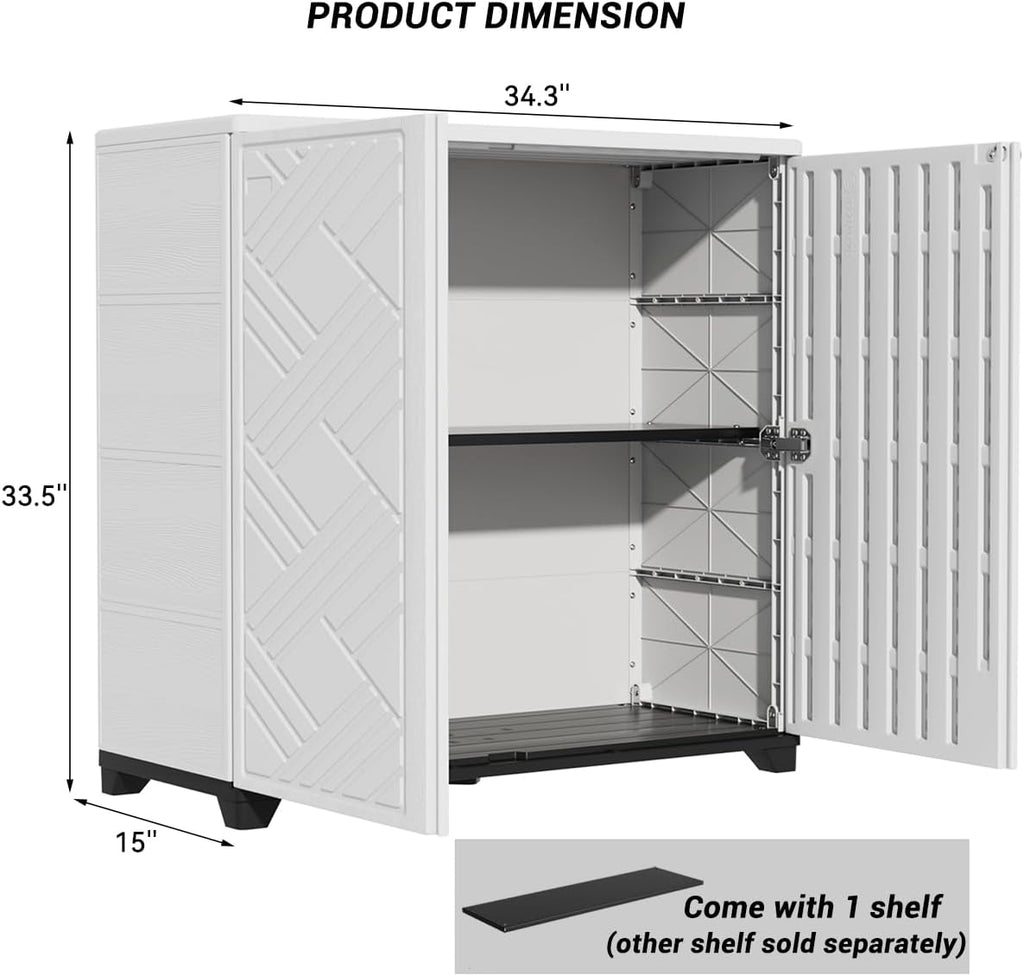 KINYING Outdoor Storage Cabinet Waterproof, 60 Gallon Resin Outdoor Storage Shed for Patio/Garden/Backyard, Outdoor Storage Box for Cushions,Garden Tools and Pool Supplies(White with 1 Shelving)