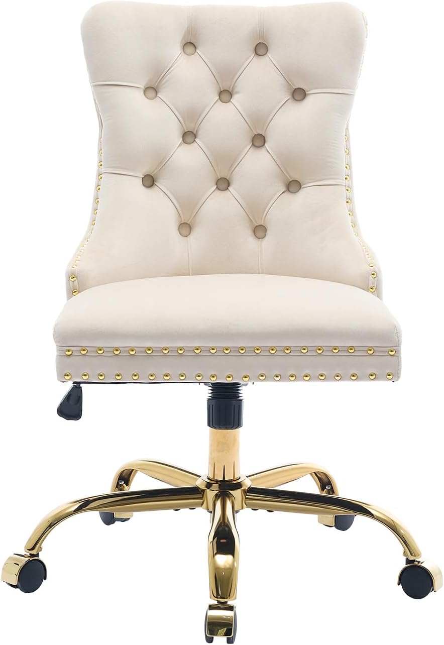 Beige Velvet Home Office Desk Chair with Wheels & Gold Base, Cute Makeup Vanity Chair with Tufted Back for Women Girls, Upholstered Adjustable Swivel Armless Office Chair for Bedroom, Beige