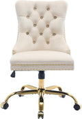 Beige Velvet Home Office Desk Chair with Wheels & Gold Base, Cute Makeup Vanity Chair with Tufted Back for Women Girls, Upholstered Adjustable Swivel Armless Office Chair for Bedroom, Beige