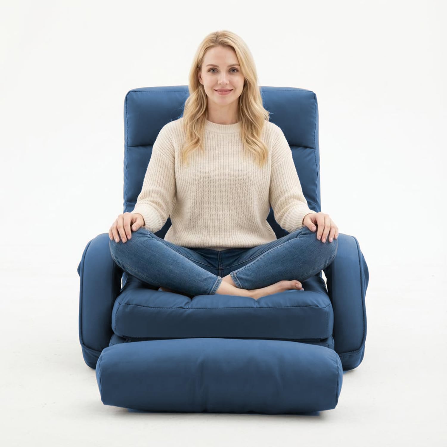 Floor Chair, Floor Gaming Chair with 14 Adjustable Position&Back Support, Folding Lounge Chair with Armrest for Adults, Lazy Sofa Lounger with Comfy Cushion for Living Room,Bedroom,PU,Blue