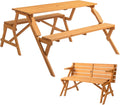VINGLI 2-in-1 Outdoor Wooden Picnic Table and Bench Set with Umbrella Hole – Convertible Design for Garden, Patio, Porch, Deck – Natural Wood