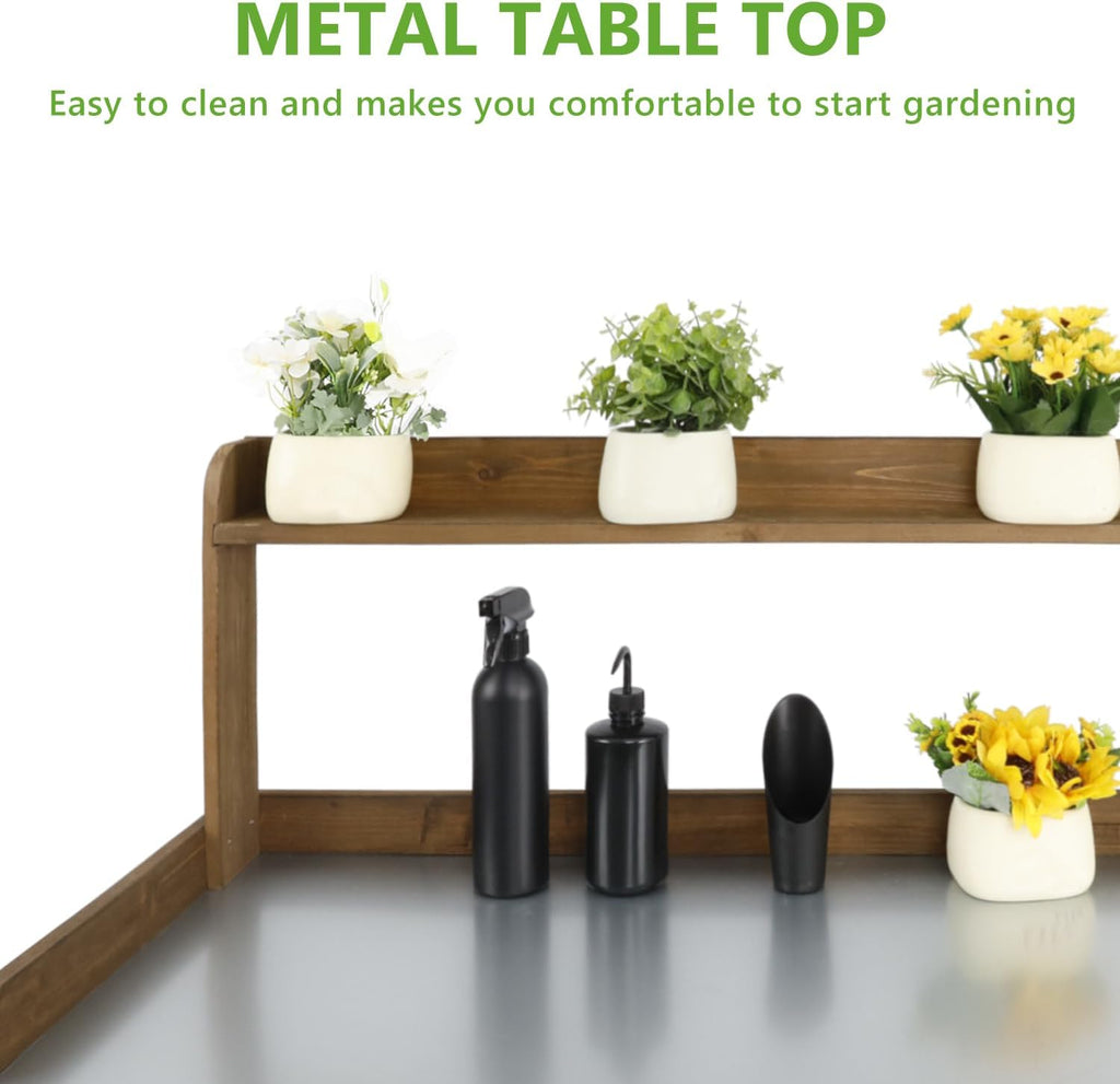 PetsCosset Garden Potting Benche Table Outdoor Wooden Work Station W/Metal Table top,Cabinet,Drawer,Large Bottom Shelf,Open Shelf Natural Wood-Brown-Brown