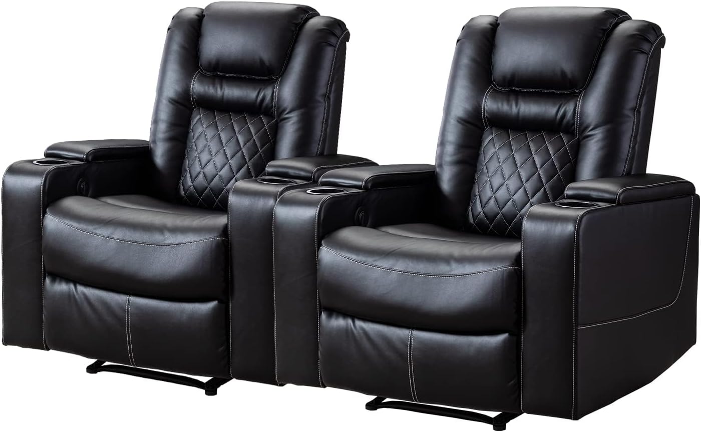CANMOV Electric Power Recliner Chair Set of 2, Breathable Leather Home Theater Seating with Hidden Arm Storage, Power Recliner Chair for Living Room with USB Ports and Cup Holders,Black