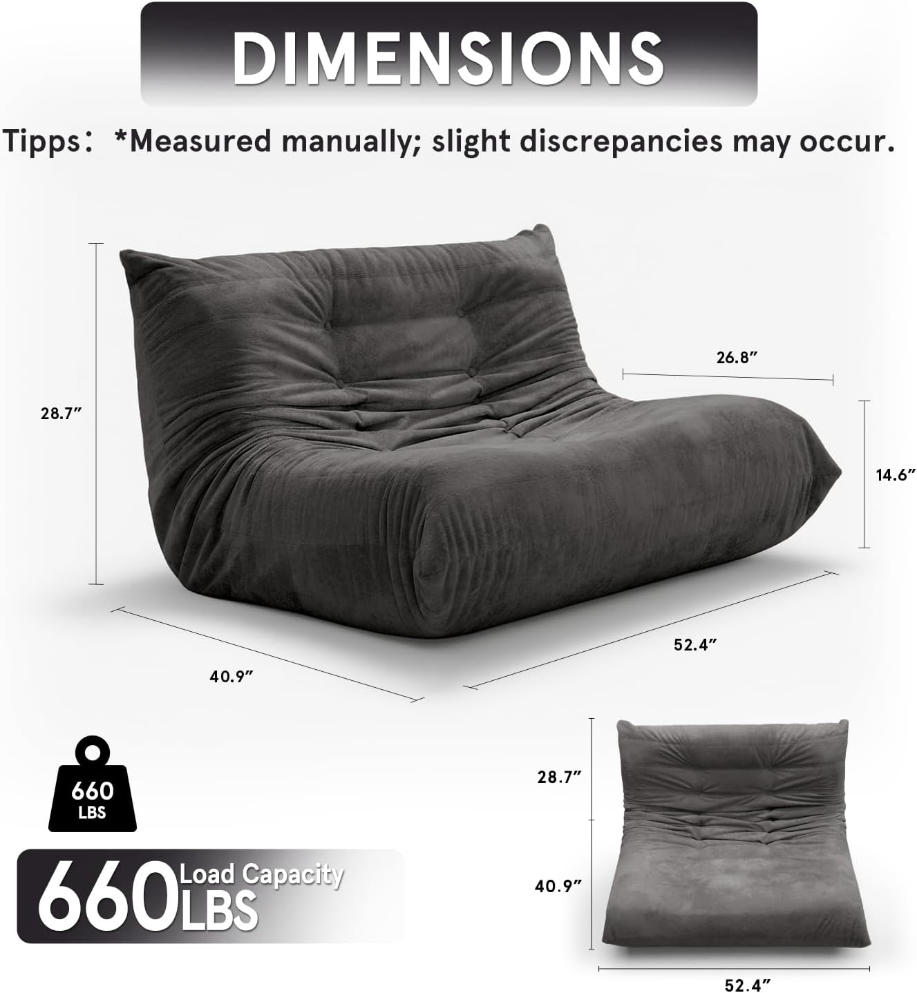 Sytopia Loveseat Bean Bag Chair, Oversized Reading Chair for Adults Ultra-Comfy, Corner Floor Sofa 40D Foam, Furniture for Living Room Bedroom Gaming, Black Onyx