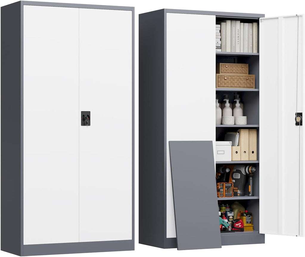 Metal Cabinet,Locking Storage Cabinet with 2 Doors and 5 Adjustbale Shelves,72' Tall Tool Steel Cabinets for Garage,Home Office,School,Gym(Grey & White)