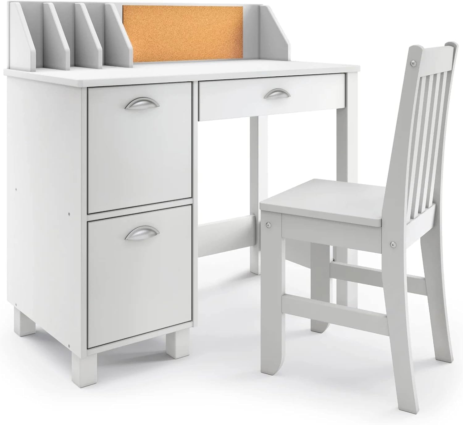 Wooden Study Desk Chair Set For Kids, Writing Desk With Storage Cabinet – Computer And Gaming Workstation Table With Drawers For Bedroom, Study Room, Homeschool (White/Rectangular)