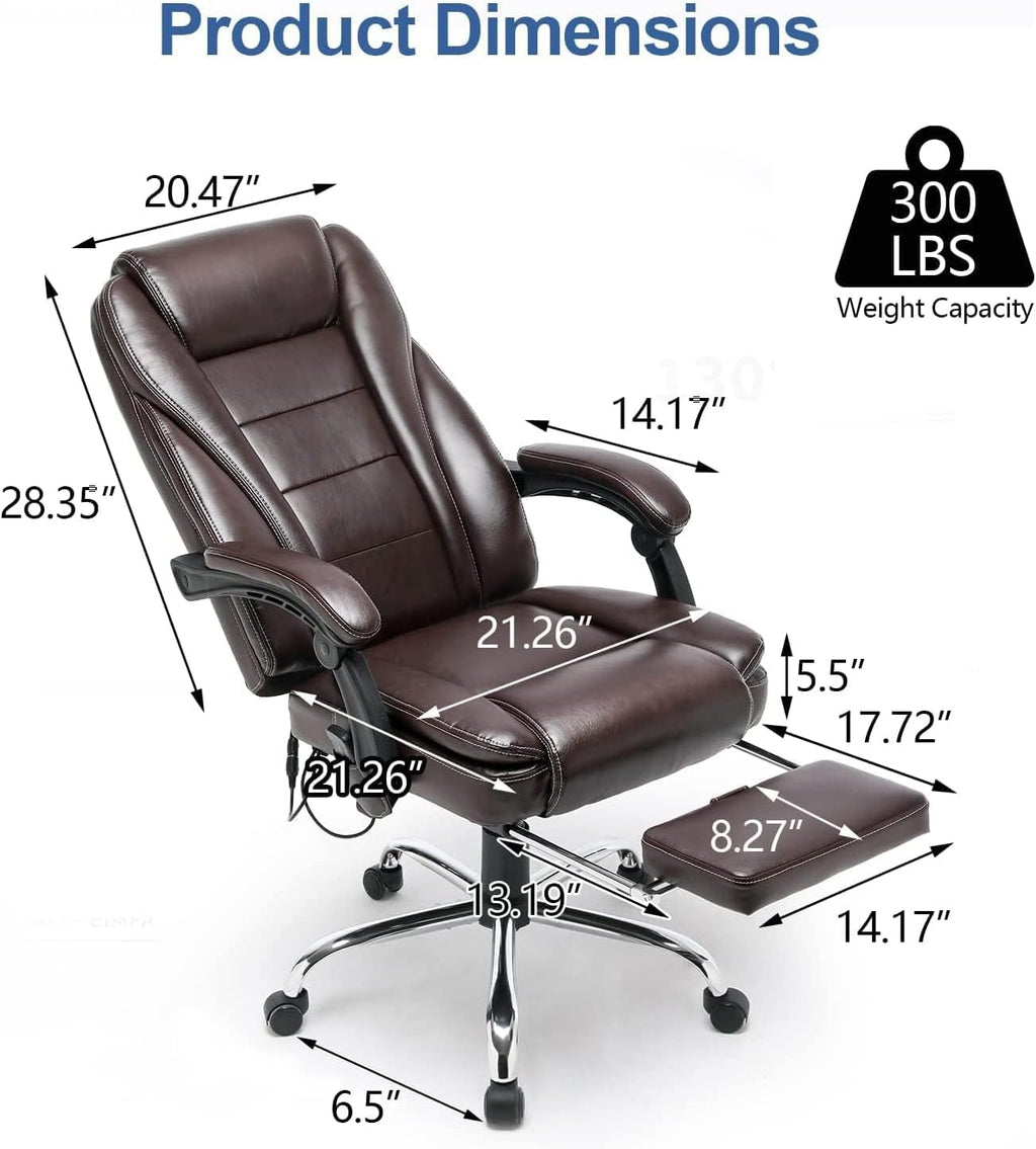 HOMREST 4-Point Massage Reclining Office Chair, Leather Heating Executive Chair, Ergonomic Home Office Desk Chair with Retractable Footrest,Computer Chair for Home Office, Study, Gaming (Brown)