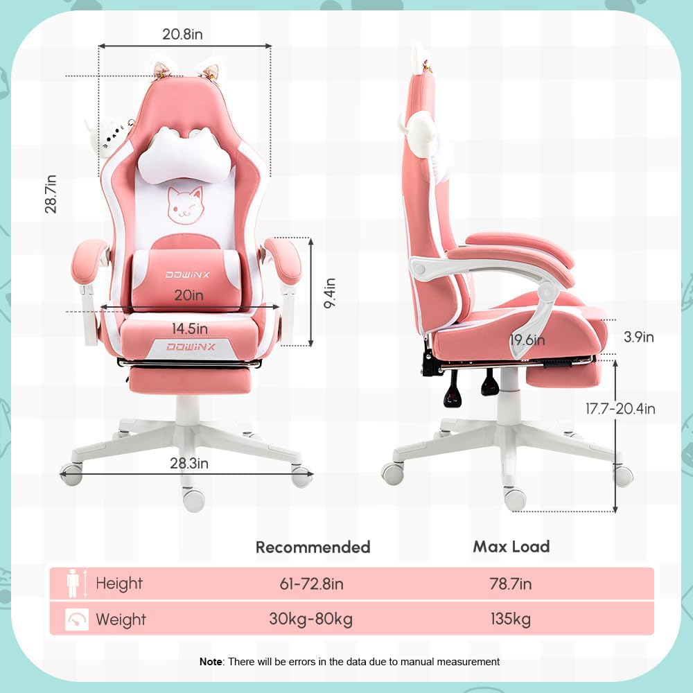 Dowinx 5TE5 Gaming Chair Cute with Cat Ears and Massage Lumbar Support, Ergonomic Computer Chair Footrest and Headrest, Comfortable Reclining Game Chair 290lbs for Adult, Teen, Pink